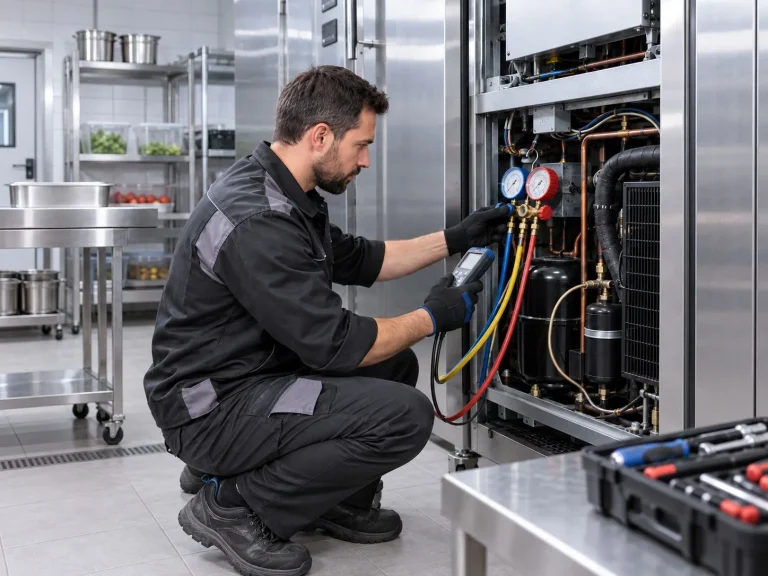 Kühlgeräte-Reparatur Techniker Gerät prüft